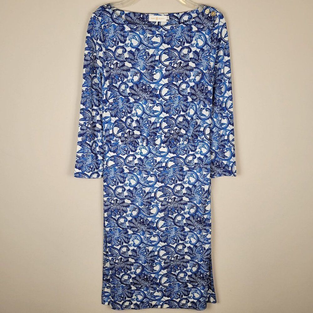Tory Burch Size S Sheila Floral Silk Dress Knee Lenght 3/4 Sleeve Blue White